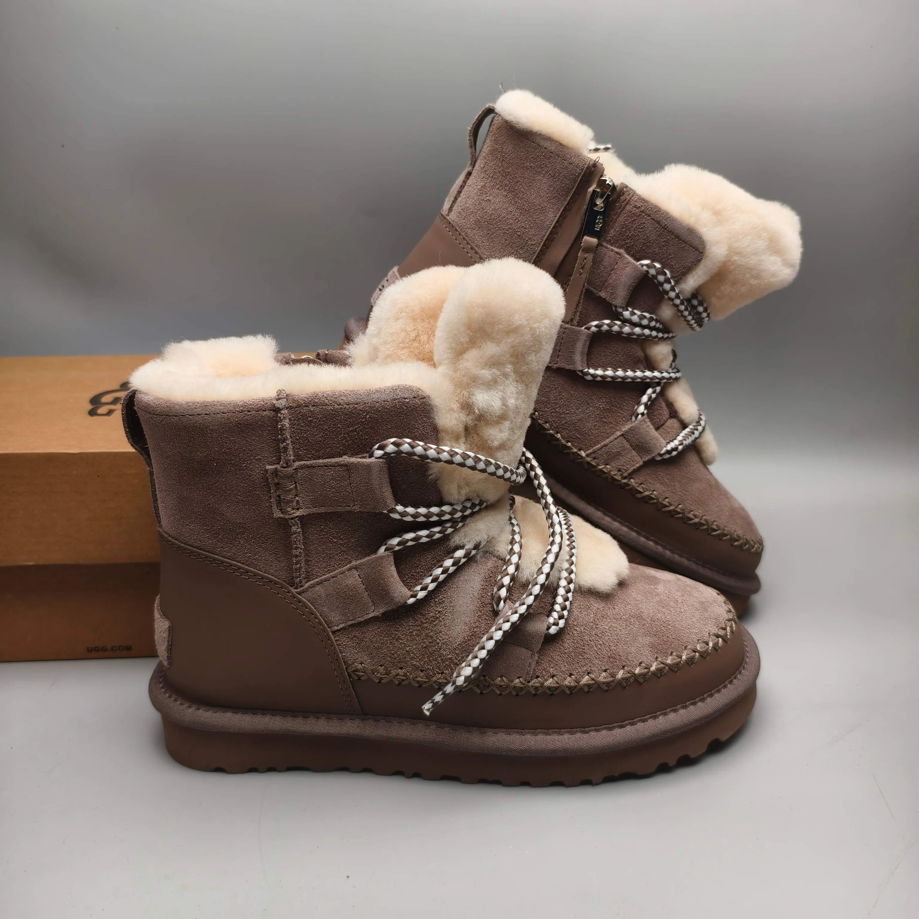 💰600 UGG sheepskin all-in-one snow boots 4574 lace-up side zipper casual shoes Color: Brown Maroon Matching size: 35-40